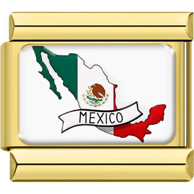 Gold-framed Italian charm showing the shape of Mexico in green, white and red flag colors with the national emblem in the center, and a banner labeled “Mexico.”